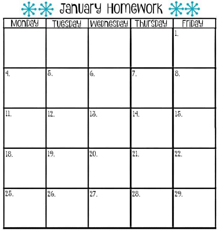 Monthly homework calendars