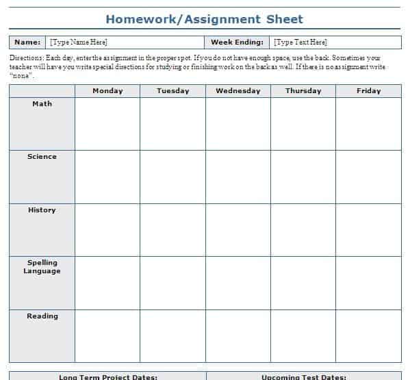 Homework Agenda Template