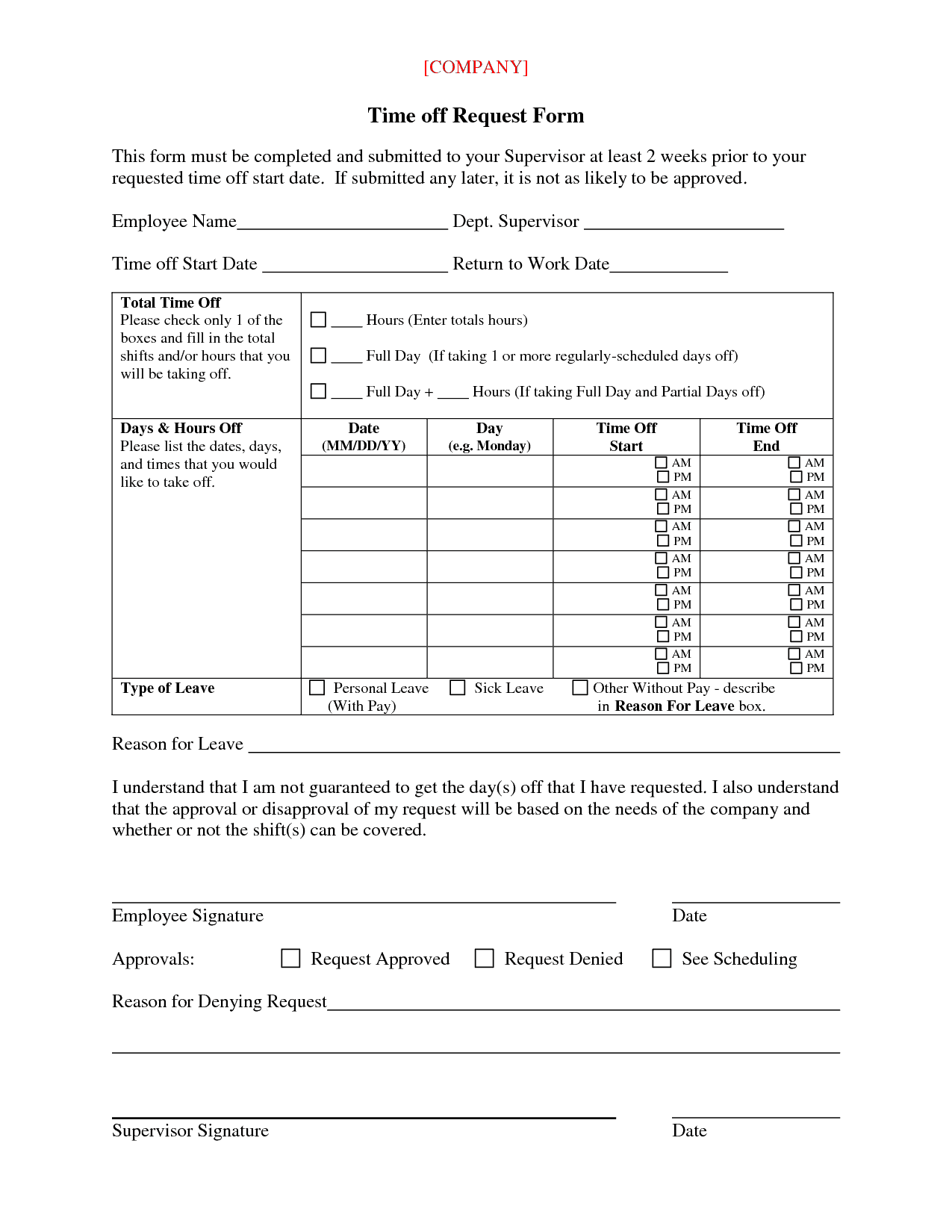 time off request form template 999