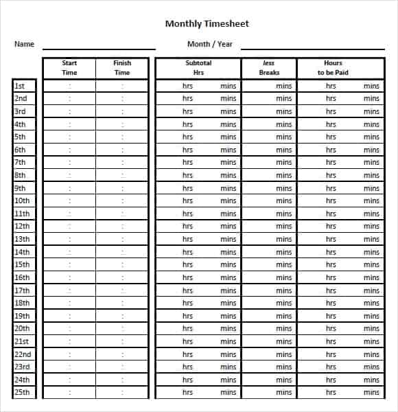 monthly timesheet template 444