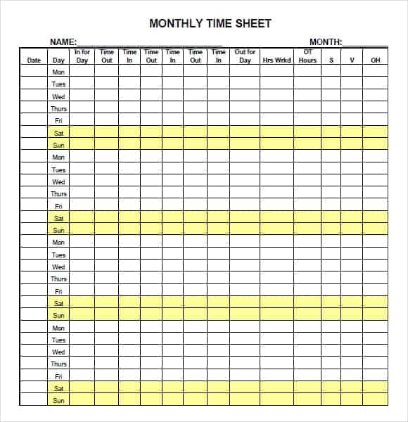 9 Monthly Timesheet Templates Excel Templates