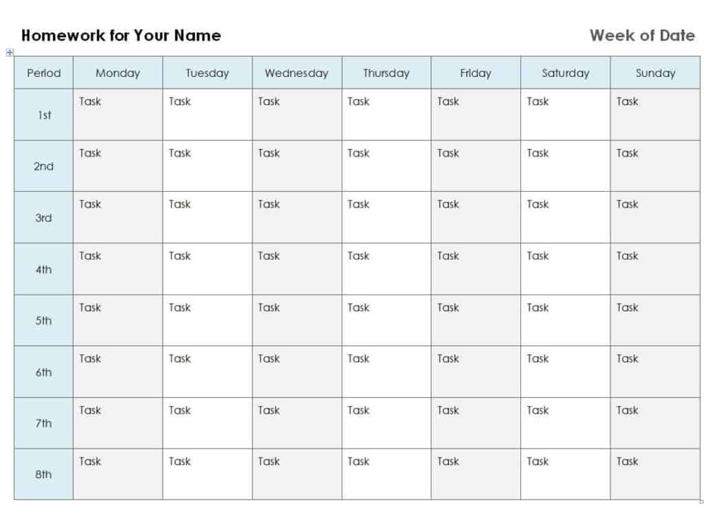 editable homework calendar