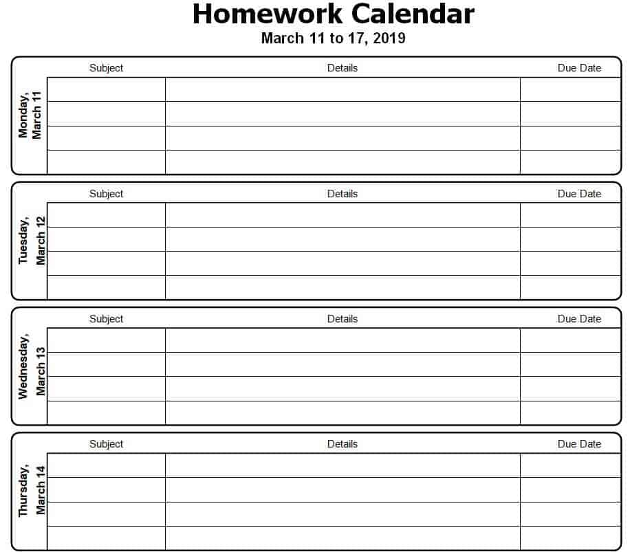 house m homework calendar