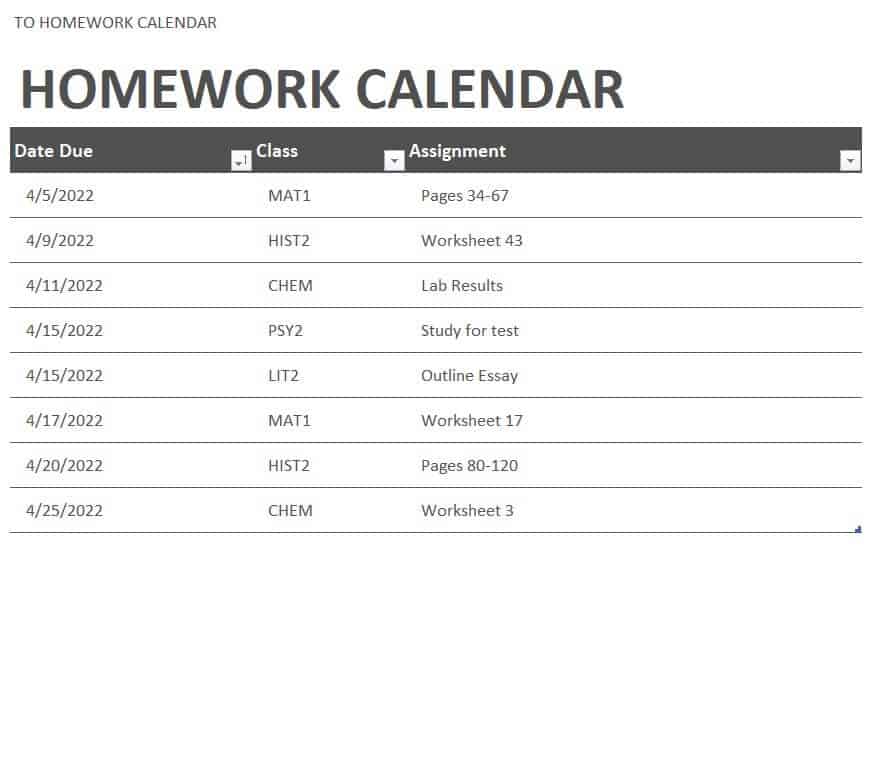 homework calendar template free