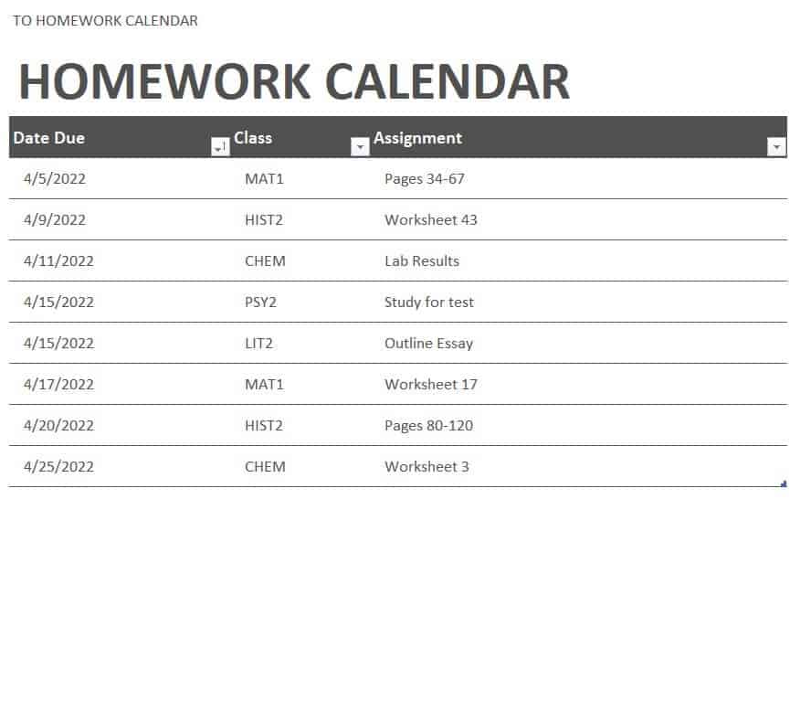 homework calendar template