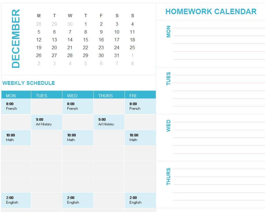 editable homework calendar
