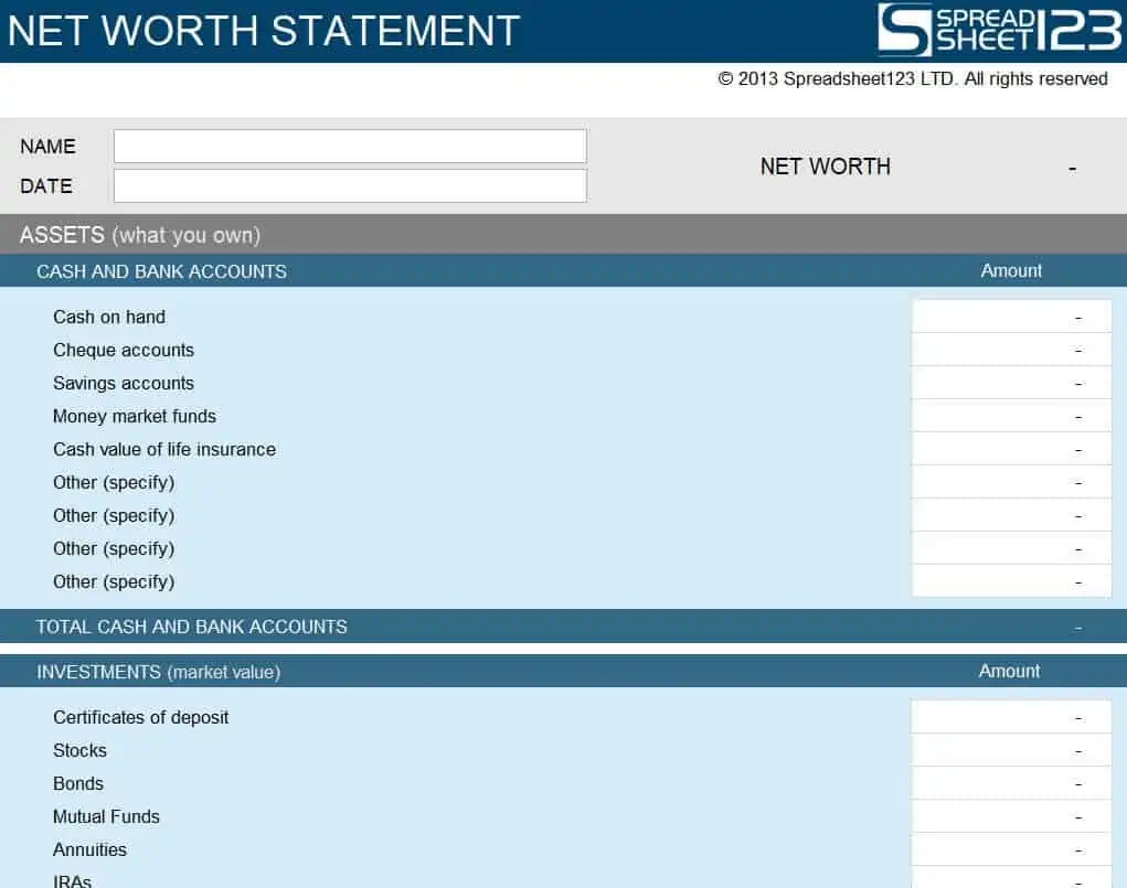 personal statement of net worth template