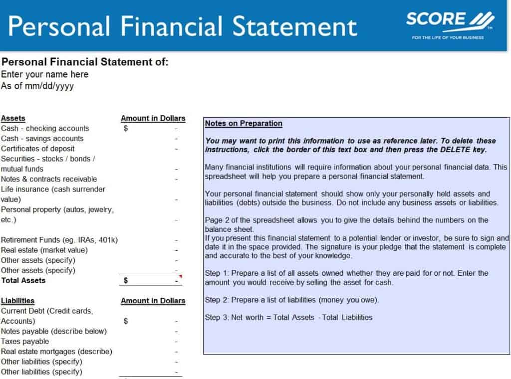 personal statement of net worth template