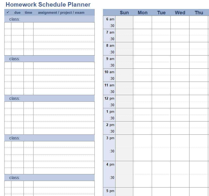 daily homework schedule template