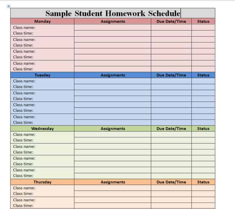 school homework excel document