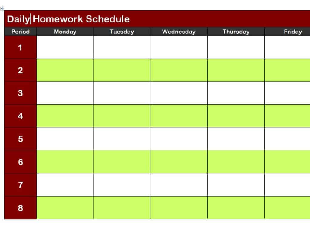 daily homework schedule template