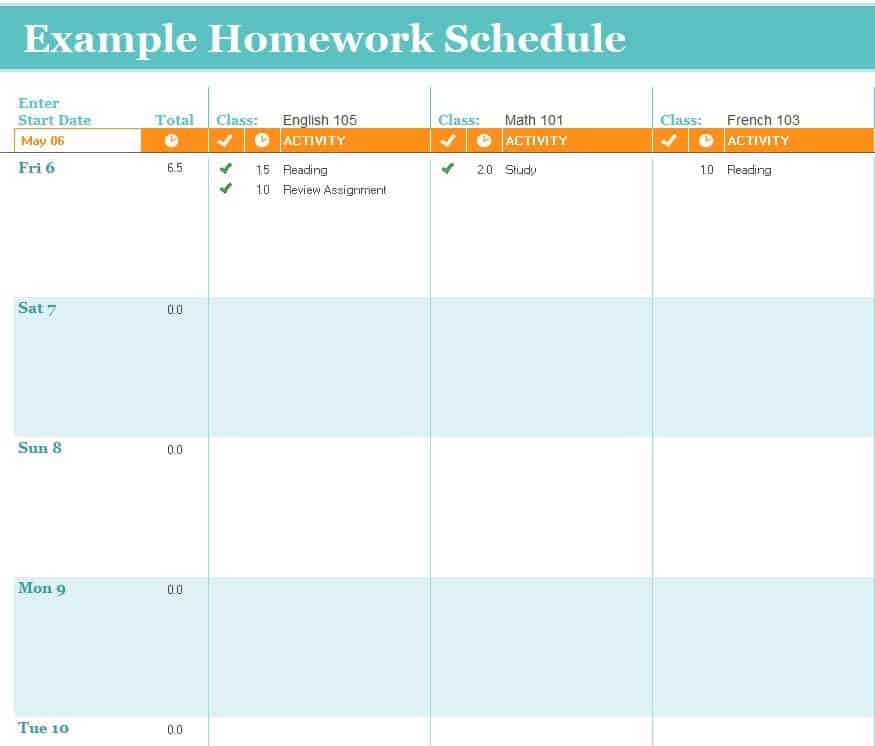 homework checklist template excel