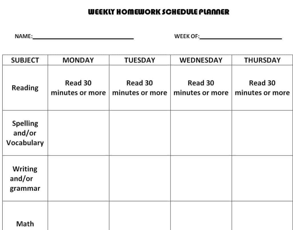 homework schedule template