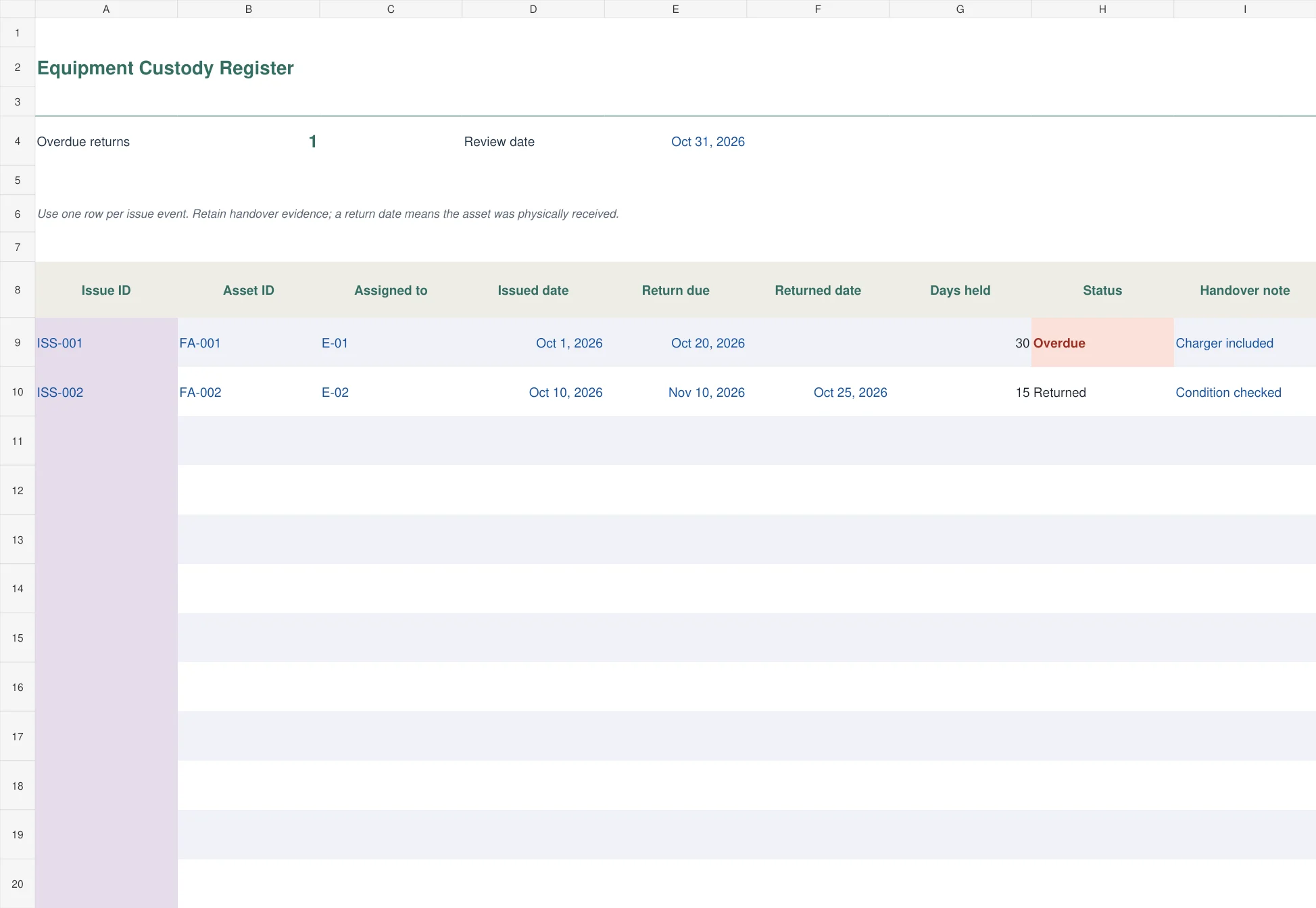 Equipment Custody Register Excel template preview with example entries and calculated results