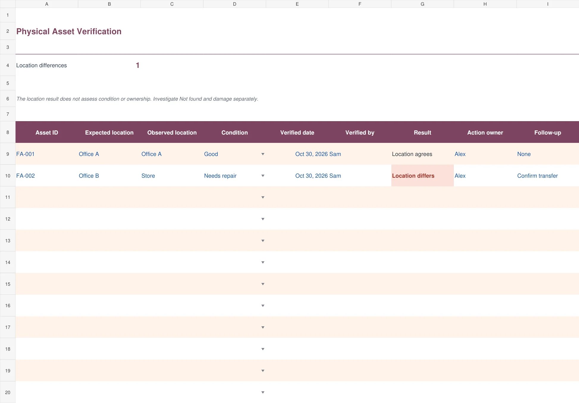 Physical Asset Verification Excel template preview with example entries and calculated results