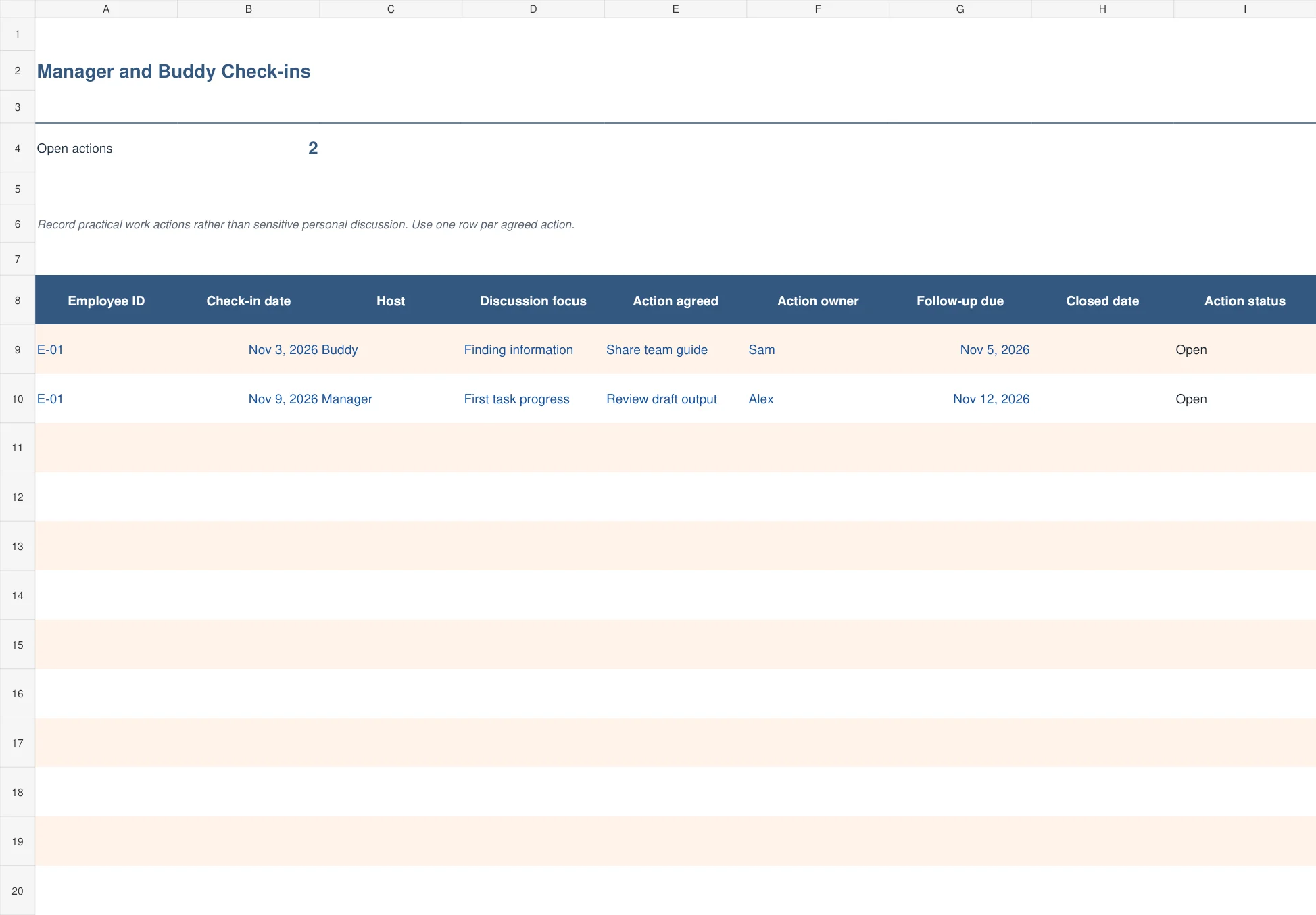 Manager and Buddy Check-ins Excel template preview with example entries and calculated results