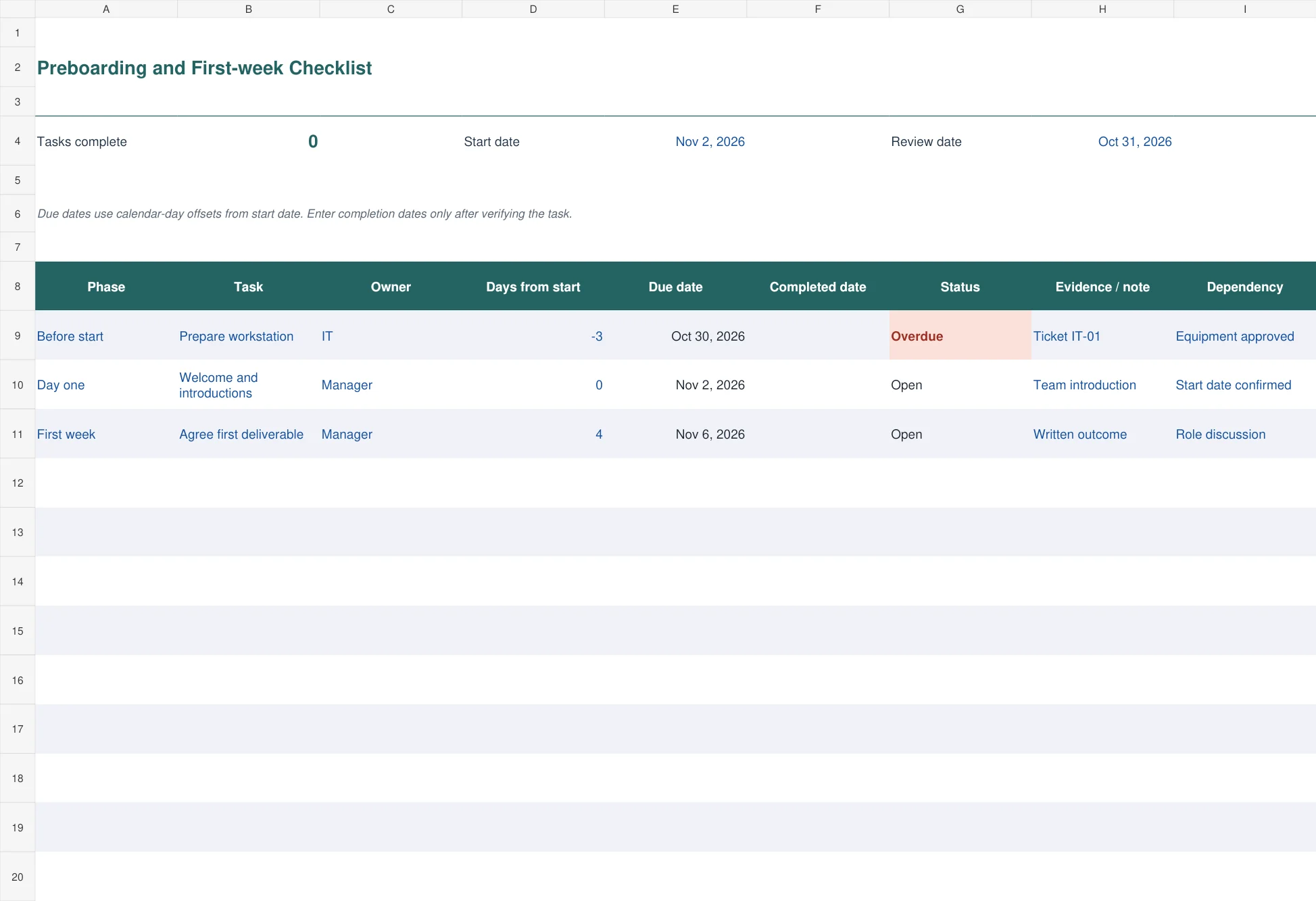 Preboarding and First-week Checklist Excel template preview with example entries and calculated results