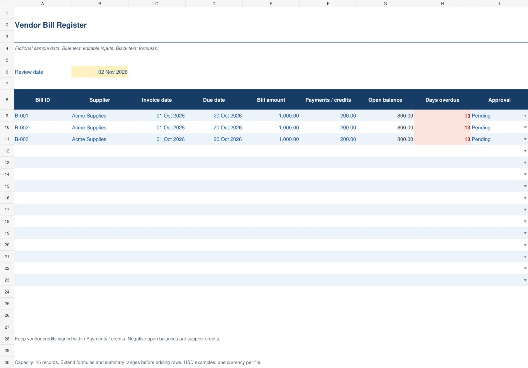 Vendor Bill Register Excel template preview showing sample inputs and calculated results