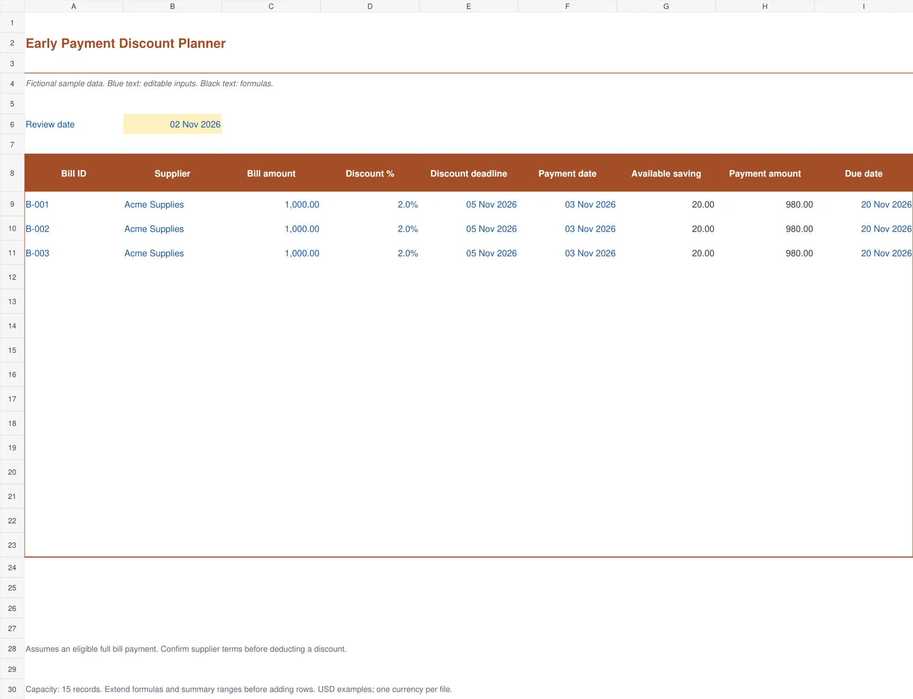 Early Payment Discount Planner Excel template preview showing sample inputs and calculated results