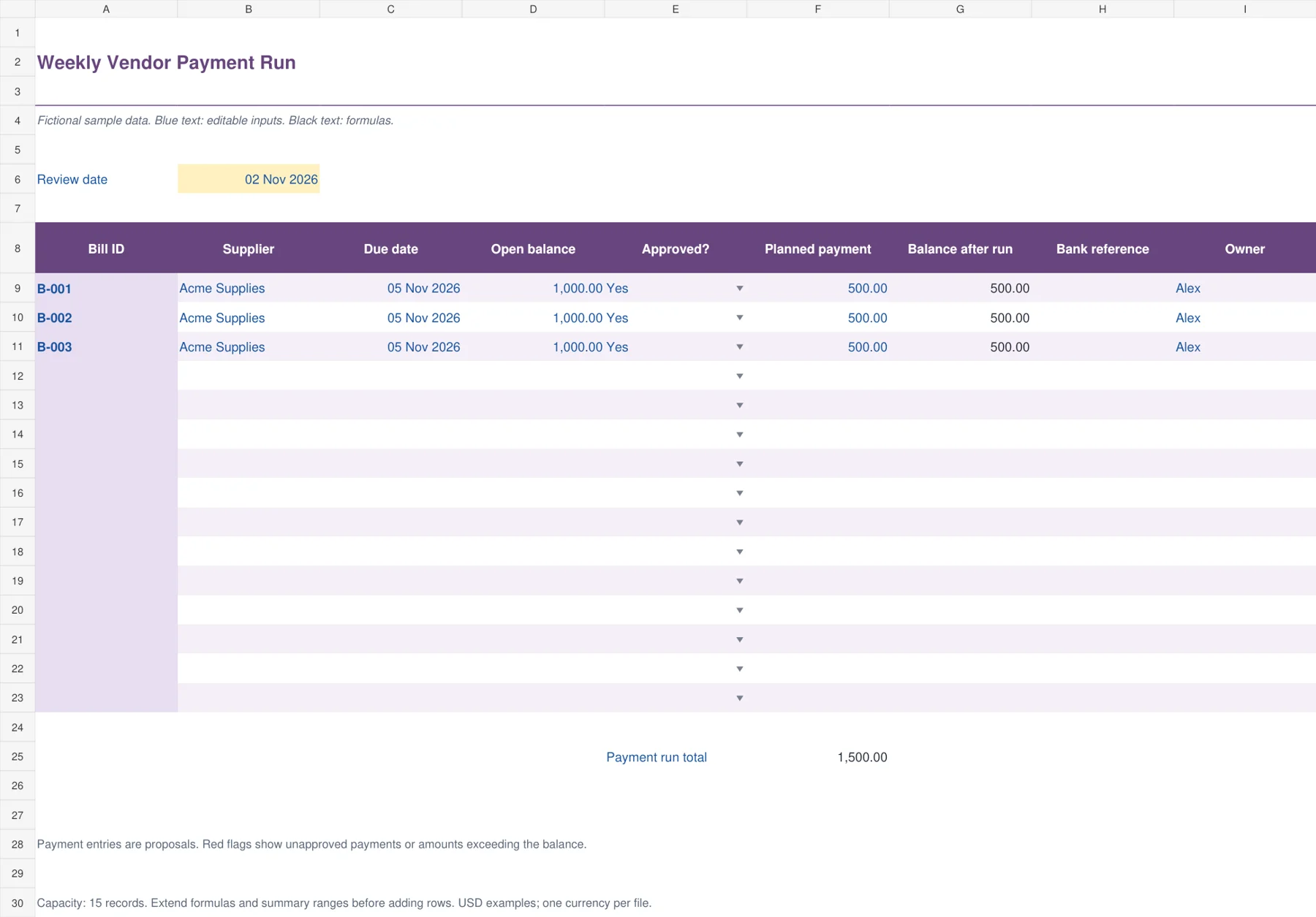 Weekly Vendor Payment Run Excel template preview showing sample inputs and calculated results