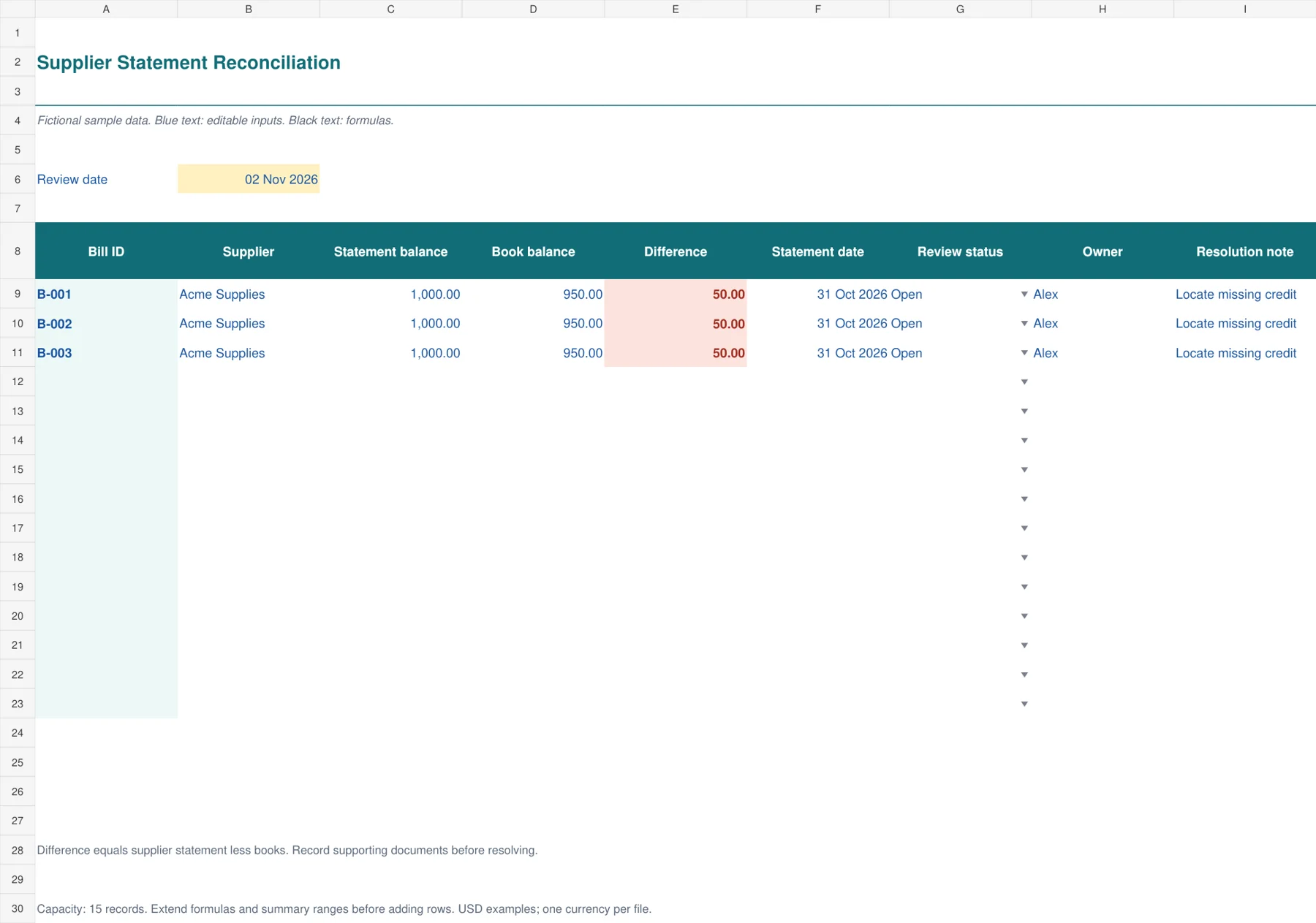 Supplier Statement Reconciliation Excel template preview showing sample inputs and calculated results