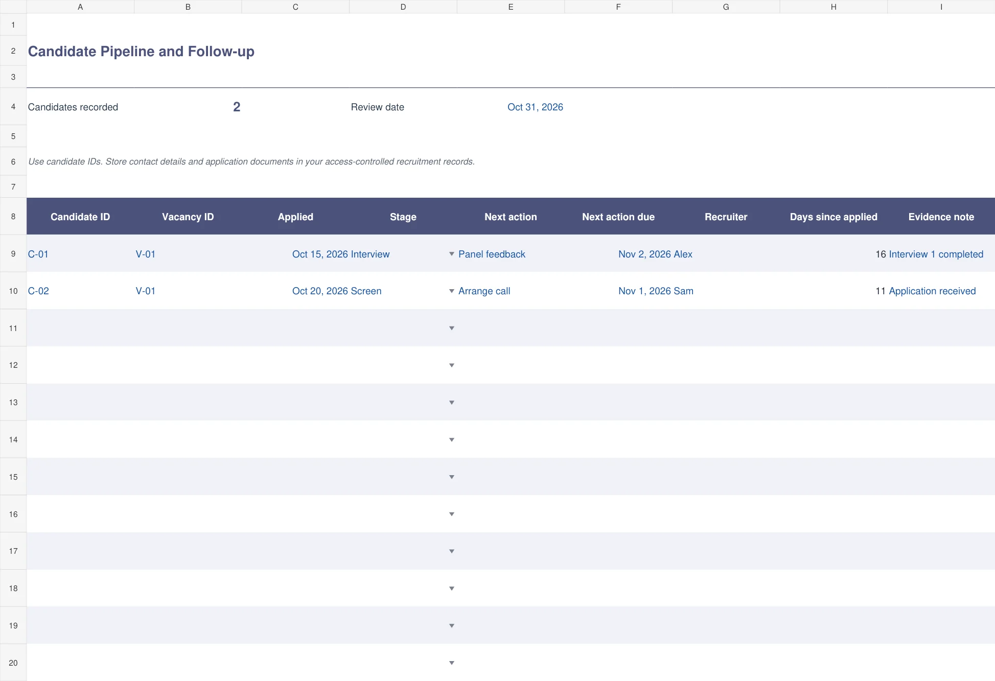 Candidate Pipeline and Follow-up Excel template preview with example entries and calculated results