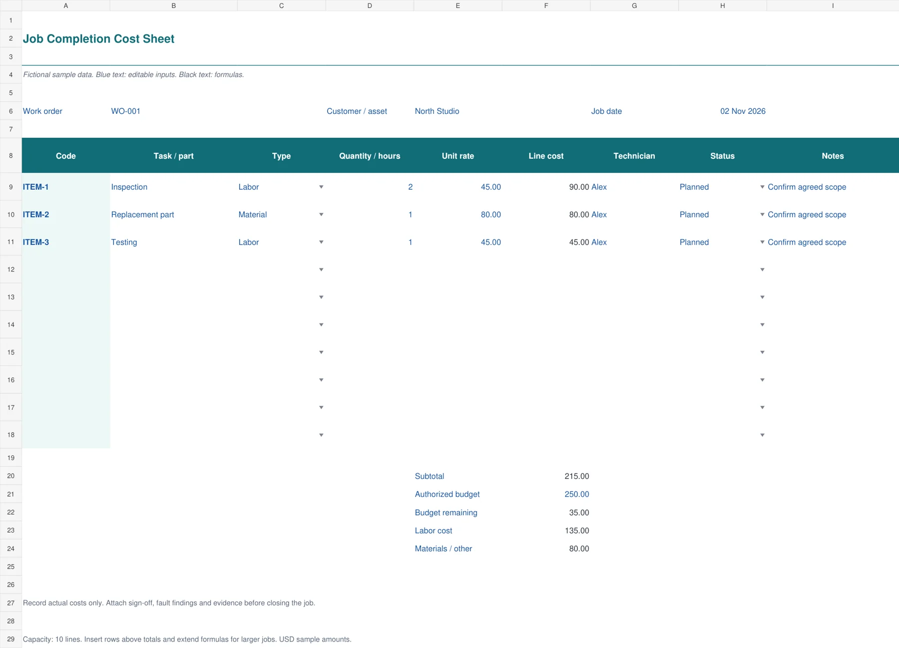 Job Completion Cost Sheet Excel template preview showing sample inputs and calculated results