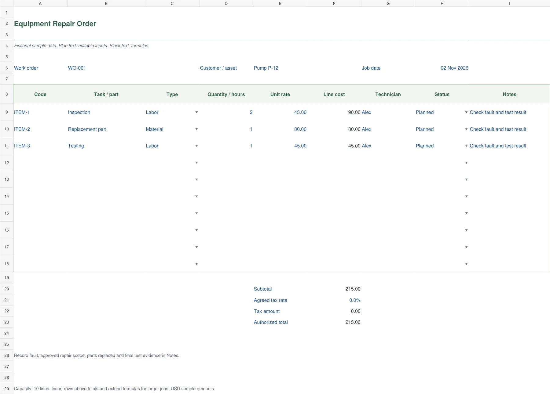 Equipment Repair Order Excel template preview showing sample inputs and calculated results