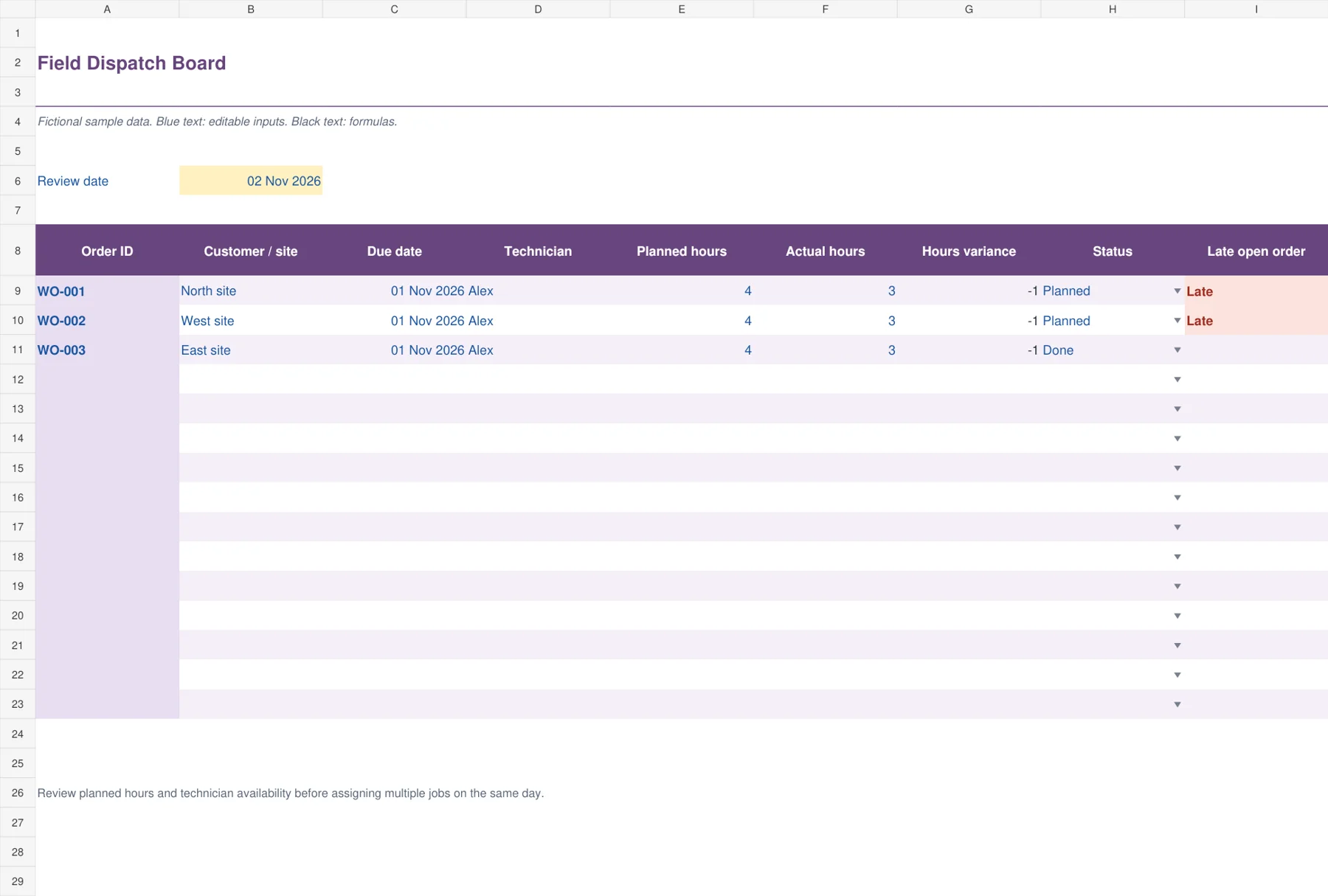 Field Dispatch Board Excel template preview showing sample inputs and calculated results