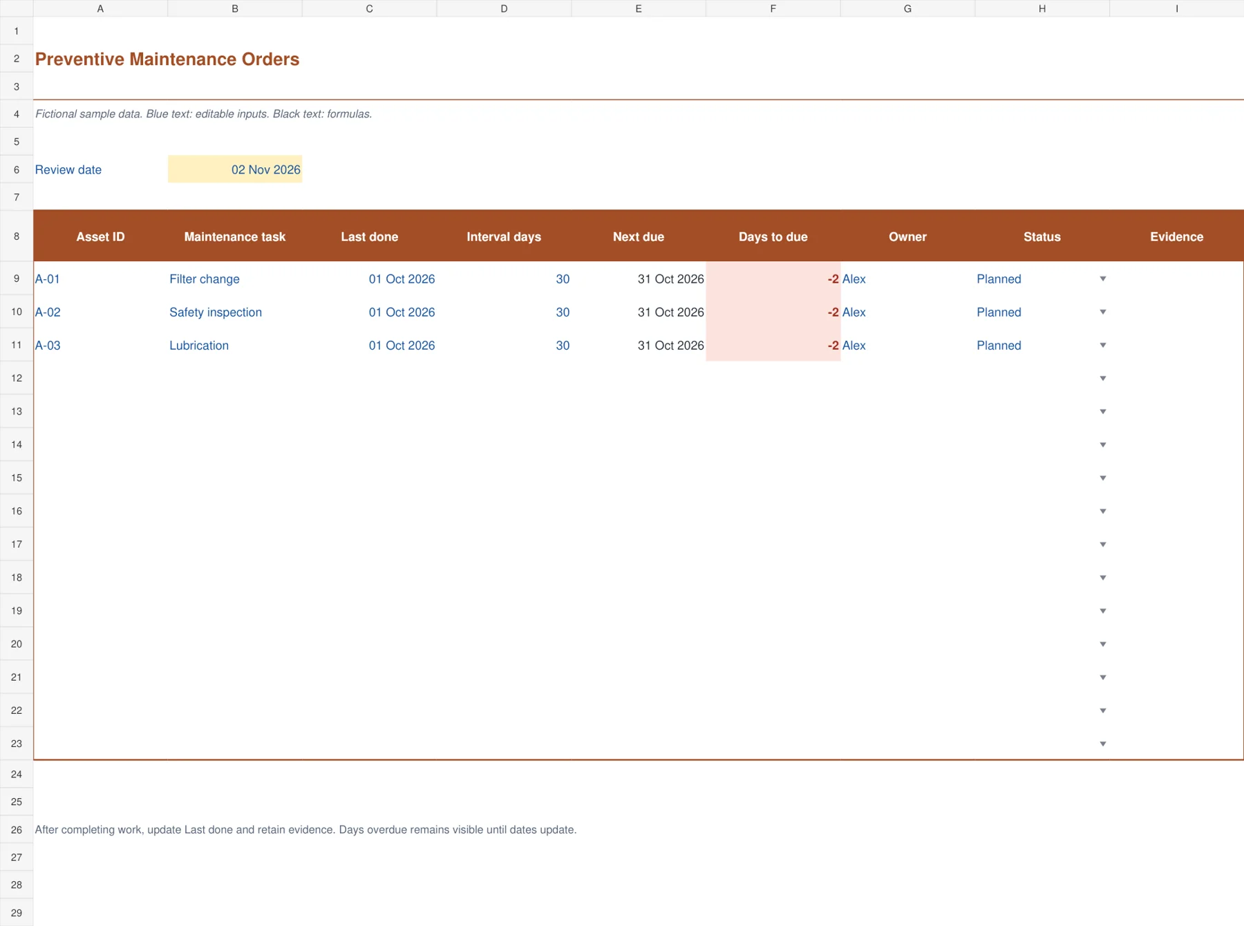 Preventive Maintenance Orders Excel template preview showing sample inputs and calculated results